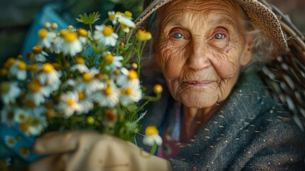 Elderly woman with kind eyes and a sun hat, holding a bouquet of wildflowers, representing wisdom, nature, and simplicity.