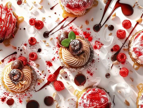 Elegant display of delicious gourmet desserts topped with chocolate, raspberries, and mint leaves on a white background. Sweet culinary art.