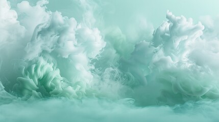 A dreamy and surreal shot of a wave of smoke in pastel shades of mint green and powder blue, evoking a sense of softness and gentleness that is perfect for calming the mind.