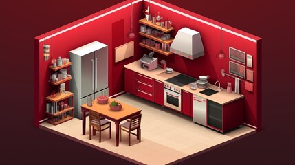 Isometric vector concept kitchen design, ruby wall, island counter, open shelving concept