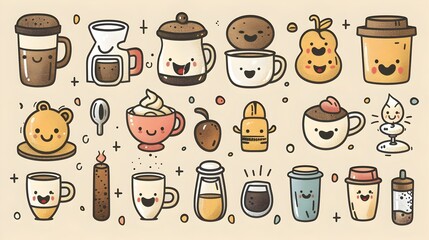Compilation of Doodled Coffee Elements A Whimsical Collection of Imaginative CoffeeThemed Characters and Objects Generative ai
