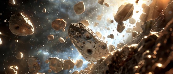 Floating asteroids in outer space with a starry background, creating an awe-inspiring cosmic scene filled with rocky debris.