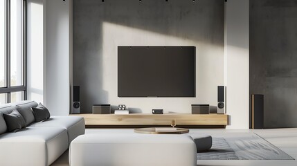 Modern living room with minimalist design, featuring a large flat-screen TV, cozy white sofa, and stylish decor in natural light.