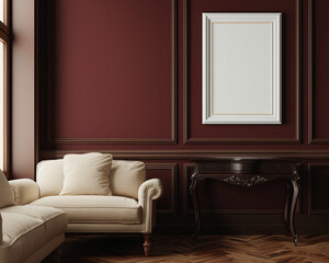 High-definition 3D image of a stylish room with a single frame on a burgundy wall, beige sofa, and dark wood table.