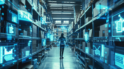 Futuristic Technology Retail Warehouse: Worker Doing Inventory Walks when Digitalization Process Analyzes Goods, Cardboard Boxes, Products with Delivery Infographics in Logistics, Distribution Center