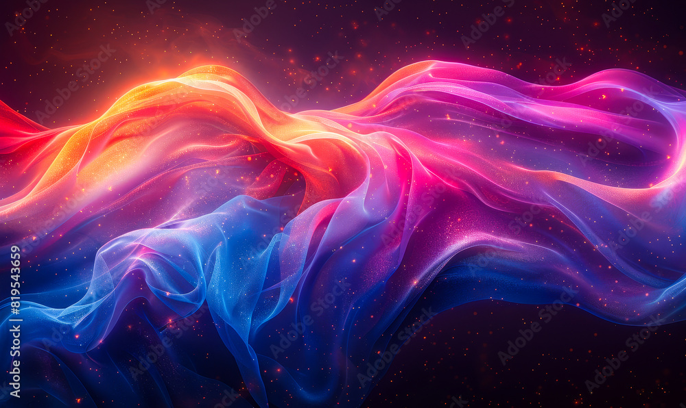 Poster futuristic neon fluid waves on dark background, holographic abstract backdrop with glowing dynamic m