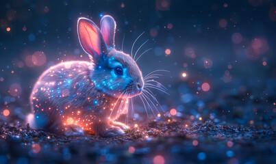 Futuristic Digital Tech Easter Greeting Card Design - Neon Bunny, Glowing Egg Illustration, Modern Light Effect Graphics