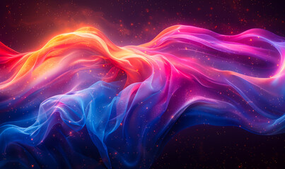Futuristic Neon Fluid Waves on Dark Background, Holographic Abstract Backdrop with Glowing Dynamic Motion Graphics