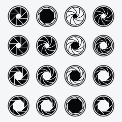 Set photo camera lens diaphragm. Photo lenses aperture, camera lens diaphragm, camera lens eye, movie camera lens, video lens, cameras shutter silhouette icon and shutter apertures pictogram. 