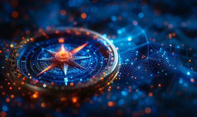 Polyhedral 2025 New Years Concept: Directional Compass Design on Abstract Low-Poly Geometric Wireframe Background Illustration