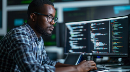male software engineer using a digital tablet in modern office, an IT developer checking the code of a software on tablet for any possible errors, programming codes proof reading 