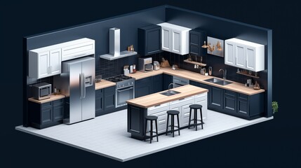 Isometric vector concept kitchen rendering, navy blue walls, sleek white cabinets, and wooden flooring