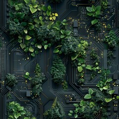Green plants growing on a black circuit board, symbolizing the fusion of nature and technology in a modern eco-friendly design.