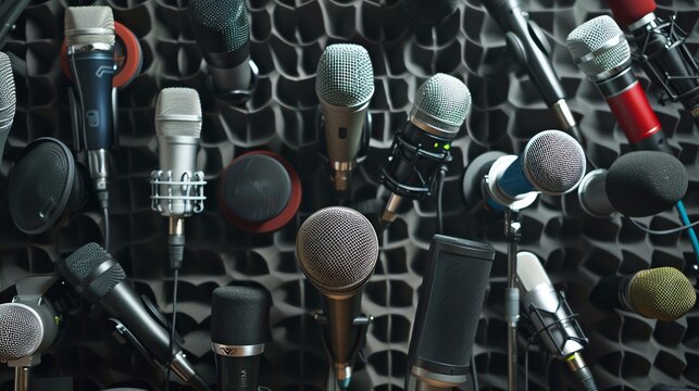 Various microphones of different types and sizes arranged together against a foam soundproof background, ideal for music and broadcasting themes.