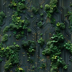 Green vegetation growing on a dark motherboard circuit, symbolizing a blend of technology and nature.