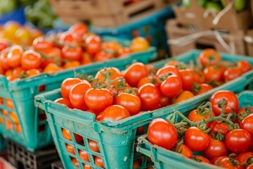 Fresh tomatoes in green baskets at a market