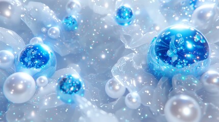 A strikingly contrasting composition, where bright, electric blue spheres swirl amidst a background of white and pearl-colored particles, rendered to perfection in obsessive detail.