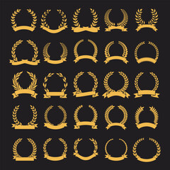 Vector gold laurel wreath with ribbon collection.  Premium anniversary laurel wreath with golden ribbons. Vector illustration