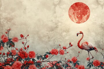 Beautiful flamingo and roses, hand drawing, vintage Japanese style, traditional oriental background, sun with bright sky, charming nature