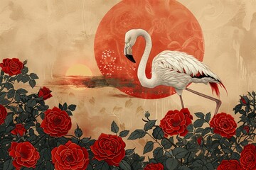 Flamingo and roses, hand drawing, vintage Japanese style, traditional oriental background, sun with bright sky, charming nature