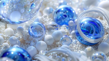 A strikingly contrasting composition, where bright, electric blue spheres swirl amidst a background of white and pearl-colored particles, rendered to perfection in obsessive detail.