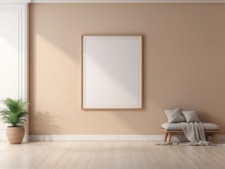 blank poster frame close up standing on floor near wall in a room, Light Fawn wall background