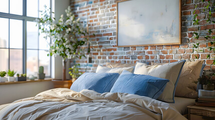 Bed with blue and beige pillows and bedspreads. Interior design of a modern bedroom in a country house