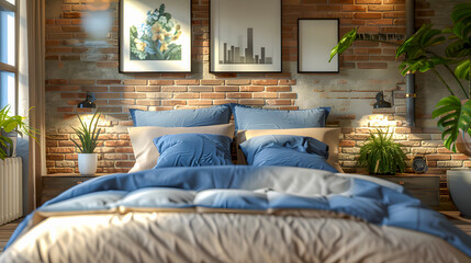 Bed with blue and beige pillows and bedspreads. Interior design of a modern bedroom in a country house