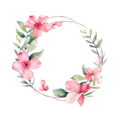Watercolor circle wreath with pink flowers. An image of circle picture frame decorated with pink flower and green leaves and separated with white background. Wedding and springtime concept. AIG35.