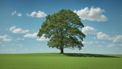 A large tree stands alone in the middle of a grassy field on a clear day with white clouds.

