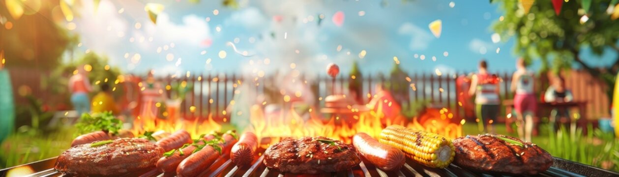 Grilling sausages burgers and corn on outdoor barbecue with people in background