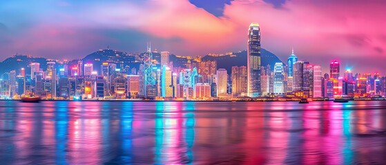 Stunning night view of the Hong Kong skyline with neon lights, vibrant cityscape, and iconic buildings illuminated against the sky over Victoria Harbour at sunset. Bright colorful light reflections on