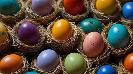 A vibrant display of colorful eggs, each one carefully nestled in a meticulously woven birds nest