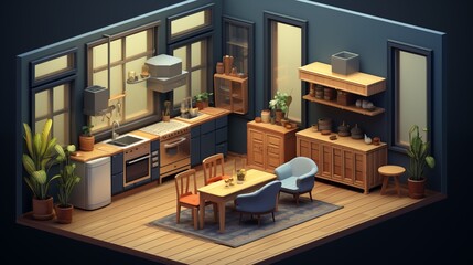 Modern isometric kitchen, dark blue walls, light wood furniture, and large windows