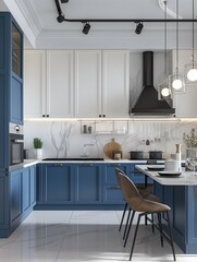 Modern kitchen interior with blue cabinets