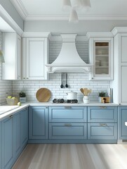 Fototapeta premium Modern kitchen interior with blue cabinets