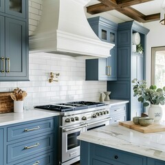 Modern kitchen interior with blue cabinets