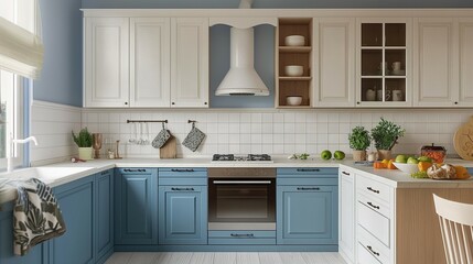 Fototapeta premium Modern kitchen interior with blue cabinets