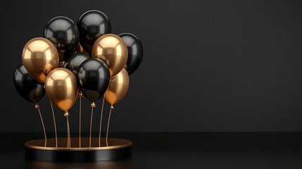 Black and golden balloons  with rounded golden podium with black background with heart shapes, sparkles high detailed background, in the style of dark gray , product display