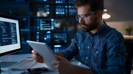 male software engineer using a digital tablet in modern office, an IT developer checking the code of a software on tablet for any possible errors, programming codes proof reading 