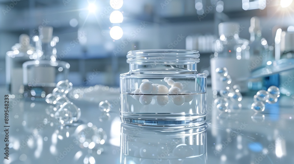 Poster elegant glass bottle with floating spherical bubbles in minimalist laboratory setting
