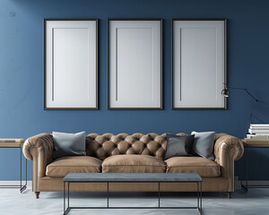 Triple blank frames, pale indigo wall, taupe chesterfield sofa, sleek slate table; ultra HD living room.