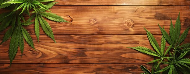 Cannabis leaves on a wooden background with copy space for a cannabis culture concept. Background banner design, stock photo with room for text in the style of 2/3 place.