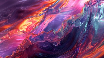 An abstract 3D rendering that combines fluid dynamics, iridescent colors, and dynamic wave movement to create a truly breathtaking scene.