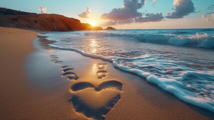 A baby's footprints in the sand, leading towards a heart drawn by gentle waves along the shore