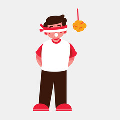 Illustration of a boy with a blindfold trying to hit a hanging object. Indonesia Independence Day.