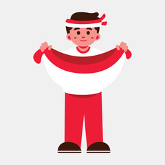Illustration of a boy holding a red and white Indonesia flag. He is wearing a matching outfit and headband.