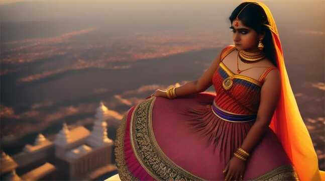 Portrait of beautiful indian girl wearing a beautiful traditional Indian costume lehenga choli or sari with kundan jewelry set.