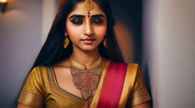 Portrait of beautiful indian girl wearing a beautiful traditional Indian costume lehenga choli or sari with kundan jewelry set.