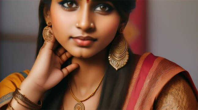 Portrait of beautiful indian girl wearing a beautiful traditional Indian costume lehenga choli or sari with kundan jewelry set.